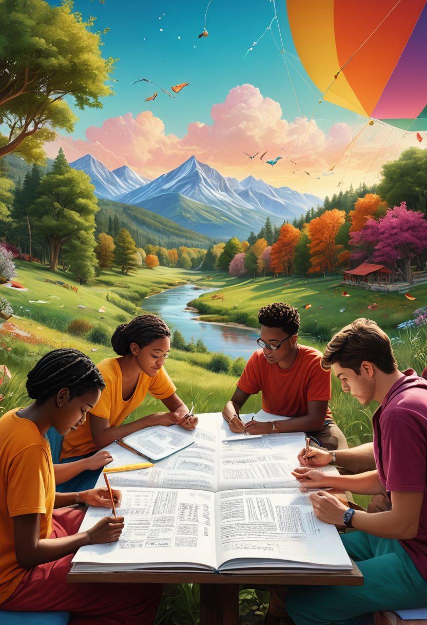 A vibrant illustration of a diverse group of individuals engaged in journaling, each with unique styles and techniques, surrounded by colorful web articles floating around them. In the background, a serene landscape reflects creativity and collaboration, symbolizing community growth. The atmosphere is filled with handwritten notes and ideas bursting into the air, creating a sense of inspiration. super-realistic. vibrant colors. 3D.