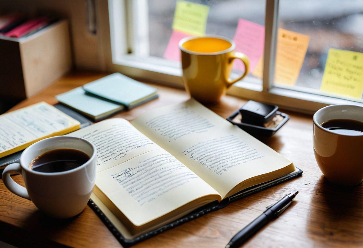 A close-up of an open journal with beautiful handwritten notes, a steaming cup of coffee beside it, and a cozy, inviting workspace in the background. Soft natural light filtering through a window, illuminating motivational quotes and colorful sticky notes around the journal. Capture a sense of inspiration and creativity, reflecting the theme of online journaling. super-realistic. warm colors. soft focus.